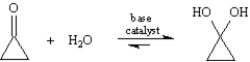 Exhibit 19-1 Consider the reaction below to answer the following question(s):   -Refer to Exhibit 19-1.The exact position of the equilibrium between ketones/aldehydes and their hydrates depends on the structure of the carbonyl compound.Although the equilibrium favors the carbonyl compound in most cases,cyclopropanone forms a stable hydrate.Explain this phenomenon based on the structures of cyclopropanone and its hydrate.