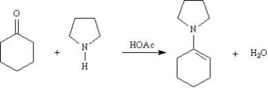 Enamines formed from the cyclic secondary amine pyrrolidine are important intermediates in the synthesis of 1,5-diketones.   On the structures provided below,draw arrows showing electron flow for the reaction mechanism for the acetic acid-catalyzed formation of an enamine from cyclohexanone and pyrrolidine.  