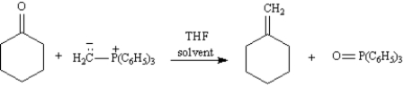 In the Wittig reaction,a phosphorus ylide adds to a ketone or aldehyde to yield an alkene.Write the complete stepwise mechanism for the Wittig reaction shown below.Show all intermediate structures and all electron flow with arrows.  