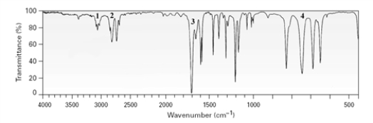 Which of the labeled peaks would allow the distinction of an aldehyde from a ketone based on this spectrum?   A) 1 B) 2 C) 3 D) 4