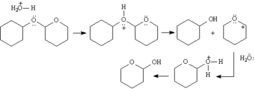 Exhibit 18-2 Consider the data below to answer the following question(s). Acetals are a special class of ethers which have two ether linkages at a single carbon.Tetrahydropyranyl ethers are acetals that are easily cleaved with mild aqueous acids at room temperature to yield alcohols.   -Refer to Exhibit 18-2.Draw arrows showing the electron flow for this reaction on the structures provided below.  