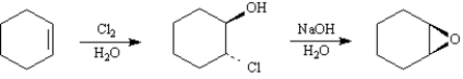 Exhibit 18-3 Consider the data below to answer the following question(s) . ​ Epoxides are synthesized industrially in one step by silver oxide air oxidation of ethylene and on a laboratory scale in one step by treating an alkene with m-chloroperoxybenzoic acid.An alternative two-step process converts alkenes to halohydrins,which are converted by treatment with base to epoxides. ​   -Refer to Exhibit 18-3.The synthesis of epoxides by base treatment of halohydrins is an example of an intramolecular: A) S<sub>N</sub>1 reaction B) hydrolysis reaction C) dehydration reaction D) Williamson ether synthesis
