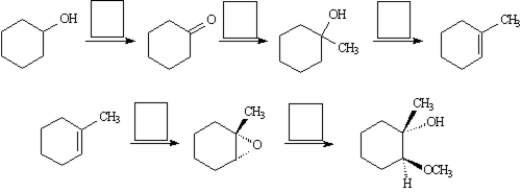Choose the best reagent for carrying out the following reactions from the list below.Place the letter of the reagent(s) in the box over the reaction arrow.Use only one letter per box.   A. NaH,then CH<sub>3</sub>I B. NaOCH<sub>3</sub>,CH<sub>3</sub>OH C. m-ClC<sub>6</sub>H<sub>4</sub>CO<sub>3</sub>H D. CH<sub>3</sub>MgBr in ether,then H<sub>3</sub>O<sup>+</sup> E. warm H<sub>2</sub>SO<sub>4</sub>/H<sub>2</sub>O F. Hg(O<sub>2</sub>CCF<sub>3</sub>)<sub>2</sub>,CH<sub>3</sub>OH G. H<sub>2</sub>/Pd H. PCC,CH<sub>2</sub>Cl<sub>2</sub> I. Cl<sub>2</sub>,H<sub>2</sub>O J. LiAlH<sub>4</sub> in ether,then H<sub>3</sub>O<sup>+</sup>