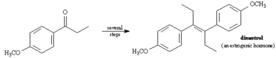 Propose a synthesis of Dimestrol starting from p-methoxypropiophenone as the only source of carbon.  