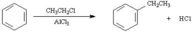 Exhibit 16-2 Consider the Friedel-Crafts alkylation reaction below to answer the following question(s):   -Refer to Exhibit 16-2.What is the role of the AlCl<sub>3</sub> in the reaction?