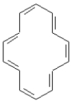 Exhibit 15-3 Refer to the data below to answer the following question(s). The <sup>1</sup>H NMR spectrum of [14]annulene at −60°C shows two signals,one at 0 ppm and one at 7.6 ppm,with an area ratio of 5:2.   -Refer to Exhibit 15-3.Draw in the protons on the [14]annulene skeleton provided below which are responsible for the <sup>1</sup>H NMR signal at 0 ppm.  