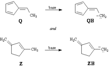 Exhibit 15-4 Consider the data below to answer the following question(s).   -Refer to Exhibit 15-4.Conjugate bases QB and ZB are both resonance stabilized.Draw the indicated number of resonance forms for QB and ZB.  