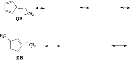 Exhibit 15-4 Consider the data below to answer the following question(s).   -Refer to Exhibit 15-4.Conjugate bases QB and ZB are both resonance stabilized.Draw the indicated number of resonance forms for QB and ZB.  