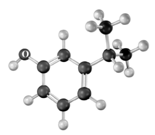 Which of the following does not correctly characterize this compound represented by the molecular model shown below? Atoms other than carbon and hydrogen are labeled.   ​ A) slightly acidic B) named as isopropyl o-cresol C) contains aryl,alkyl and benzylic proton D) would produce a signal due to dehydration in a mass spectrum E) All of the above characterize this compound.