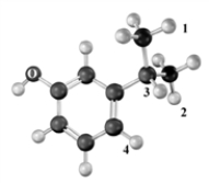 Which of the choices arranges numbered protons in the following substance in order of increasing downfield chemical shift in a proton NMR? Atoms other than carbon and hydrogen are labeled.   A) 1 = 2 < 3 < 4 B) 4 < 3 < 2 = 1 C) 4 = 3 < 2 =1 D) 1 = 2 < 4 < 3