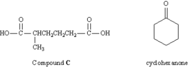 Exhibit 8-9 To answer the question(s) below consider the following information: ​ In an abandoned laboratory has been found a flammable liquid,A,in a bottle bearing only the label  Compound A: C<sub>7</sub>H<sub>12</sub>.  Government agents have offered you a considerable sum to determine the structure of this compound.After verifying the molecular formula by elemental analysis,you find that Compound A reacts with 1 mol equiv of hydrogen;and,after treatment with acidic KMnO<sub>4</sub>,Compound A gives the dicarboxylic acid C (see below).Another bottle from the same laboratory is labeled  Compound B (isomer of A).  Compound B also reacts with 1 mol equiv of hydrogen,but yields cyclohexanone after treatment with acidic KMnO<sub>4</sub>. ​   -Refer to Exhibit 8-9.Suggest structures for A and B.