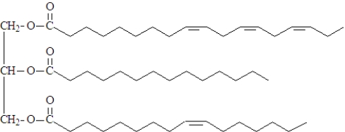 Consider partial hydrogenation of the following substance.   Which of the following describes this reaction? A) 4 moles of hydrogen would required. B) The product would contain trans double bond(s) . C) The product would be saturated. D) The product would lower blood cholesterol. E) All of the above would occur.
