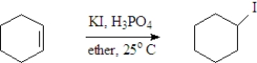 Examine the following reaction.   Which of the following is not indicated by this representation? A) KI is the solvent B) Cyclohexene is the reactant of interest. C) The reaction is carried out at room temperature. D) The reaction occurs in solution. E) All indicate the conditions of the reaction.