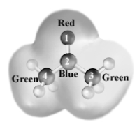 Consider the following grayscale electrostatic potential map.The regions are labeled as to color.   Which atom is the most electron poor? A) 1 B) 2 C) 3 D) 4