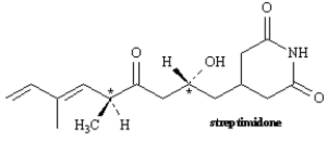 Exhibit 5-4 Consider the structure of streptimidone to answer the following question(s). ​   -Refer to Exhibit 5-4.Based on the number of chirality centers,how many stereoisomers of streptimidone are possible?