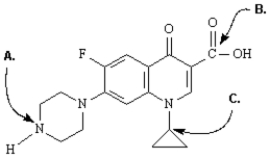 Exhibit 3-6 Predict the hybridization of the indicated atoms in Cipro .   -Refer to Exhibit 3-6.The hybridization of this nitrogen atom (A) is __________.
