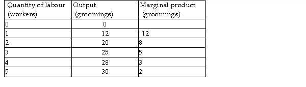   -Doug's Dog Grooming is a perfectly competitive firm charging $5 per dog grooming. Doug's Dog Grooming has the total and marginal product of labour schedules in the above table and can hire workers from a perfectly competitive labour market for $15 per hour. The profit- maximising level of employment for Doug's Dog Grooming is A)  6 workers. B)  4 workers. C)  2 workers. D)  1 worker.