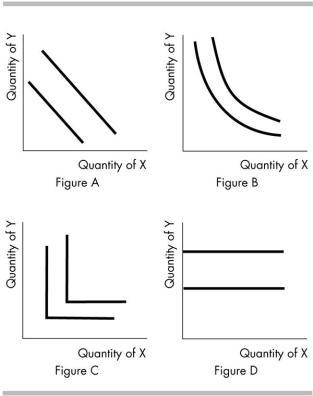 <strong> Consider the indifference maps shown above. If X and Y are perfect substitutes, your indifference curves between them would look like those in</strong> A) Figure A. B) Figure B. C) Figure C. D) Figure D.