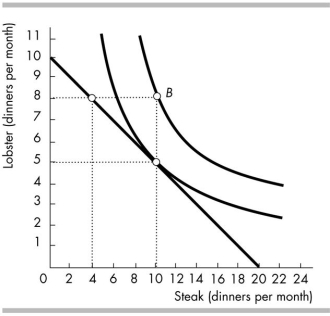 <strong> The above figure shows Jane's budget line and two of her indifference curves. Which of the following happens to Jane's budget line if the price of a lobster dinner increases?</strong> A) It would rotate inward around the vertical intercept, 10 lobster dinners. B) It would rotate outward around the horizontal intercept, 20 steak dinners. C) It would rotate inward around the horizontal intercept, 20 steak dinners. D) It would rotate outward around the vertical intercept, 10 lobster dinners.