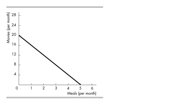 <strong> The figure above shows Tanya's consumption possibilities. Tanya spends $100 per month on movies and restaurant meals. The price of a movie ticket is _______ and the price of a restaurant meal is _______.</strong> A) $20; $5 B) $7; $15 C) $5; $20 D) $10; $10