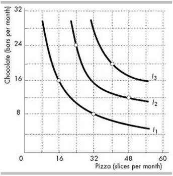   -The indifference curves in the figure above (I1, I2 and I3)  reflect Peter's consumption preferences. Which of the following combinations of goods does Peter prefer the most? A)  48 slices of pizza and 12 chocolate bars B)  32 slices of pizza and 8 chocolate bars C)  24 slices of pizza and 24 chocolate bars D)  40 slices of pizza and 20 chocolate bars