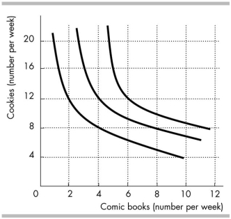   -Lizzie's preferences are shown in the figure above. Lizzie is just as happy to have _______ as she is to have _______. A)  4 comic books and 8 cookies; 6 comic books and 12 cookies B)  2 comic books and 12 cookies; 4 comic books and 8 cookies C)  2 comic books and 12 cookies; 8 comic books and 8 cookies D)  6 comic books and 6 cookies; 5 comic books and 13 cookies