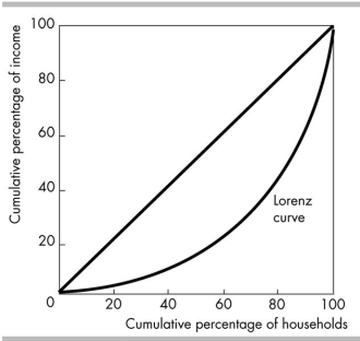  -The Lorenz curve in the above figure implies that A)  the highest fifth of households account for less than 20 per cent of income. B)  income is equally distributed. C)  the lowest fifth of households account for less than 20 per cent of income. D)  the lowest fifth of households account for more than 20 per cent of income.