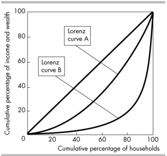   -The figure shows two Lorenz curves. Suppose both Lorenz curves measure income. Lorenz curve A shows _______ Lorenz curve B. A)  the first quintile earns less income than the first quintile earned in B)  the fifth quintile earns more income than the fifth quintile earned in C)  income is less equally distributed than the income shown in D)  income is more equally distributed than the income shown in