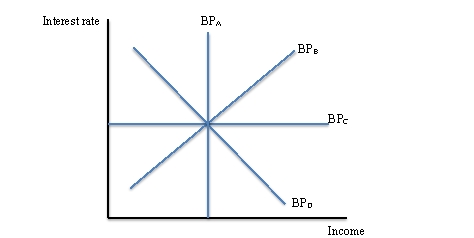 Use this graph to answer questions 21 and 22. Figure 13.3:   -Using Figure 13.3,if a country experiences less than perfect capital mobility,the BP curve has a shape like: A)  BP<sub>A</sub> B)  BP<sub>B</sub> C)  BP<sub>C</sub> D)  BP<sub>D</sub>