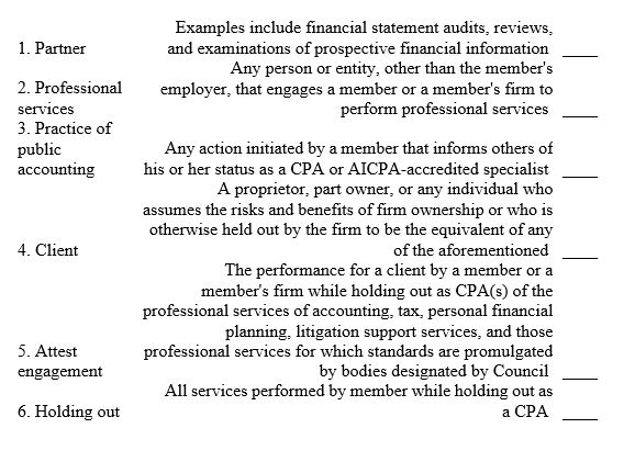 Match each term below with its definition as provided by the AICPA Rules of Conduct.   