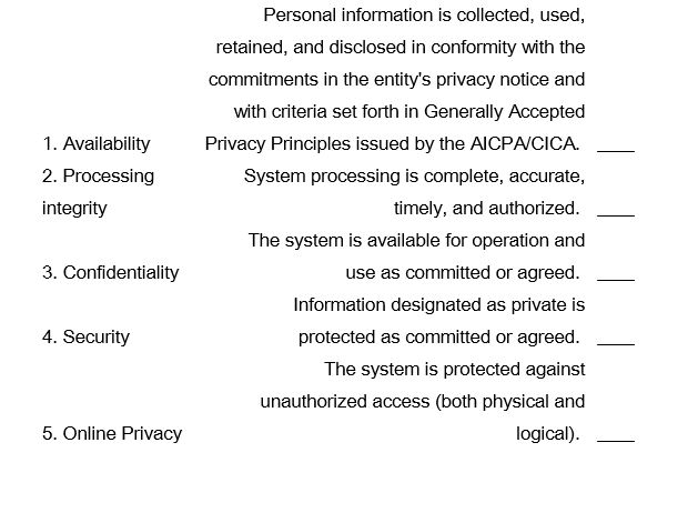 Match the Trust Services Principle with its proper definition.   