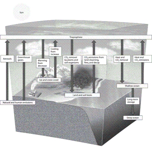    _ -According to the diagram, what processes interact to influence the Earth's climate?