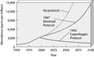   -According to the graph, which protocol's implementation is projected to decrease the concentrations of ozone-depleting chemicals most efficiently?