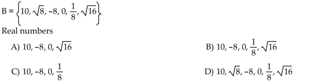 List all the elements of B that belong to the specified set.