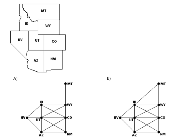 Represent the following with a graph. Create a graph that models the bordering relationship among the states shown in the map. Use vertices to represent the states and edges to represent common borders.