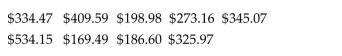 Find the mean for the given sample data. Unless otherwise specified, round your answer to one more decimal place than that used for the observations. -Frank's Furniture employees earned the following amounts last week:   What was the mean amount earned by employees last week? Round your answer to the nearest cent. A) $301.94 B) $396.78 C) $347.19 D) $308.61