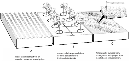 Match the items listed below with the appropriate choice    -On the major irrigation systems figure, choose the system that is the most efficient way to deliver small amounts of water to crops by using a network of tubing installed at or below the ground level.