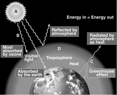 Match the items listed below with the appropriate choice    -On the figure of the Earth, choose the letter that represents the ozone layer.