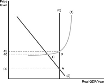   -Refer to the above figure. At the initial long-run equilibrium, the price level is ________, and at the new long-run equilibrium, the price level will be ________. A)  20; 45 B)  20; 40 C)  40; 45 D)  20; 20
