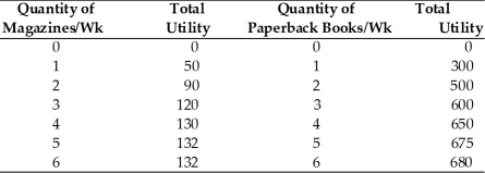   -Refer to the above table. If a consumer's optimum consists of 3 magazines and 6 books, then A)  the price of a magazine is six times more than the price of a book. B)  the price of a magazine is three times more than the price of a book. C)  the price of a book is more than five times more than the price of a magazine. D)  the price of a book is six times more than the price of a magazine.