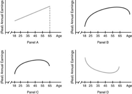   -Refer to the above figure. Which of the graphs are consistent with the age-earnings profile? A)  Panel A B)  Panel B C)  Panel C D)  Panel D