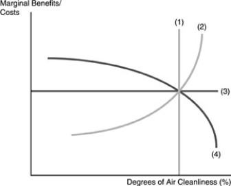   -Refer to the above figure. Suppose the marginal benefit and the marginal cost curves of pollution abatement are normally shaped. Technological change that made it easier to produce in a  cleaner  fashion would cause A) curve (4) to shift out, increasing the optimal amount of pollution abatement. B) curve (3) to shift up, raising the marginal benefits and costs and reducing the amount of pollution abatement. C) curve (2) to shift out, increasing the optimal amount of pollution abatement. D) curve (1) to shift out, increasing the optimal amount of pollution abatement.