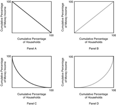 <strong>  Refer to the above figure. Which of the above panels represents complete income equality?</strong> A)Panel A B)Panel B C)Panel C D)Panel D <div style=padding-top: 35px> 