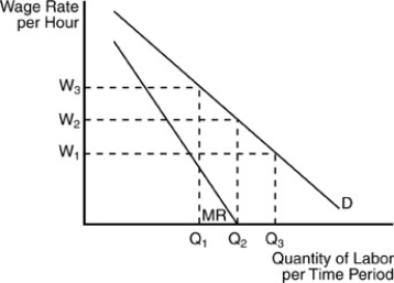   -Consider the above figure, which displays the situation faced by a union employed by a firm with the labor demand curve D. This union has total membership of Q3 workers, but its single wage setting goal is to maximize wages for the Q1 members with the most seniority. If the union managers accomplish this goal, what occurs? A) All of the union members will be employed at the wage rate W3. B) All of the union members will be employed at the wage rate W1. C) The senior members of the union will receive a wage equal to W3, but Q3 union members will be unemployed. D) The select group of senior union members will have work and receive a wage of W3, but Q3 -Q1 union members will not be employed by the firm.