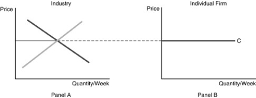   -Refer to the above figure. Line C in Panel B does not represent A) the equilibrium price. B) average revenue. C) total revenue. D) marginal revenue.