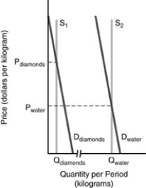   -Refer to the above figure. All of the following are true concerning the diamond-water paradox EXCEPT A) the demand for water exceeds the demand for diamonds. B) the price of diamonds exceeds the price of water. C) since the price of diamonds is high, demand is great. D) marginal utility of diamond consumption is relatively high.