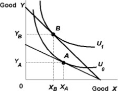  -Use the above figure. Last week Joe consumed combination  A  of goods  X  and  Y.  This week he purchased combination  B.  The reason for this change is that the A) price of good X has increased. B) price of good X has decreased. C) price of good Y has decreased. D) price of good Y has increased.