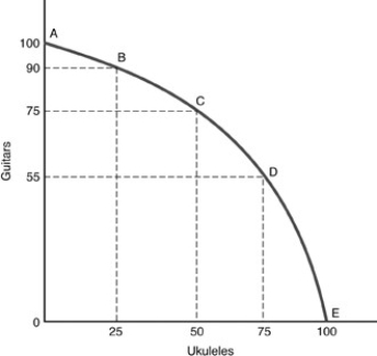   -In the above figure, the opportunity cost of moving from point D to point C is A) 20 guitars. B) 50 ukuleles. C) 55 guitars. D) 25 ukuleles.