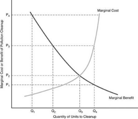   -In the above figure, the optimal level of pollution cleanup is A)  Q1. B)  Q2. C)  Q3. D)  Q4.