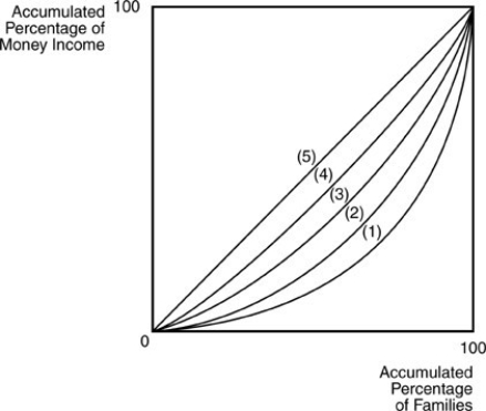   -The most unequal distribution of income in the above figure exists in A)  country 4. B)  country 1. C)  country 5. D)  country 3.